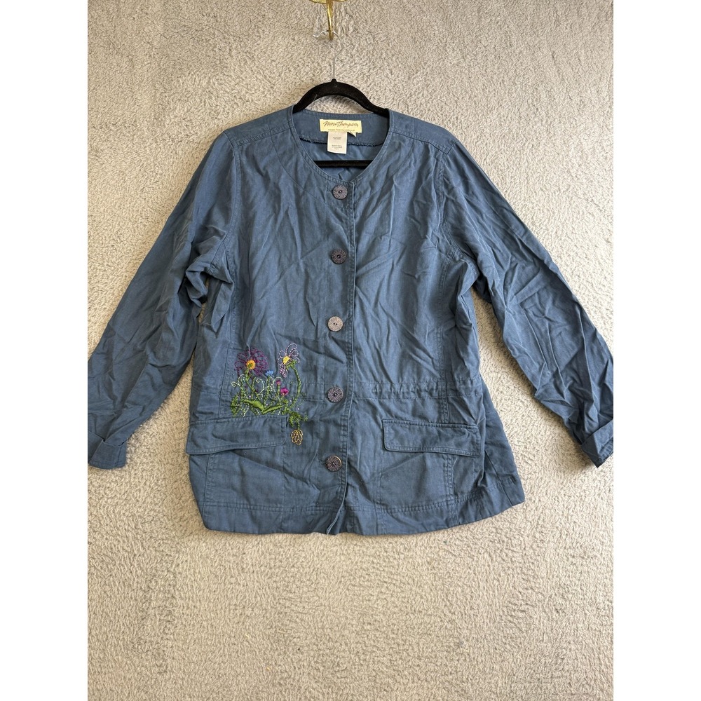 Norm Thompson Jacket Womens Medium Blue Embroidered‎ Floral Button Front Tencel
